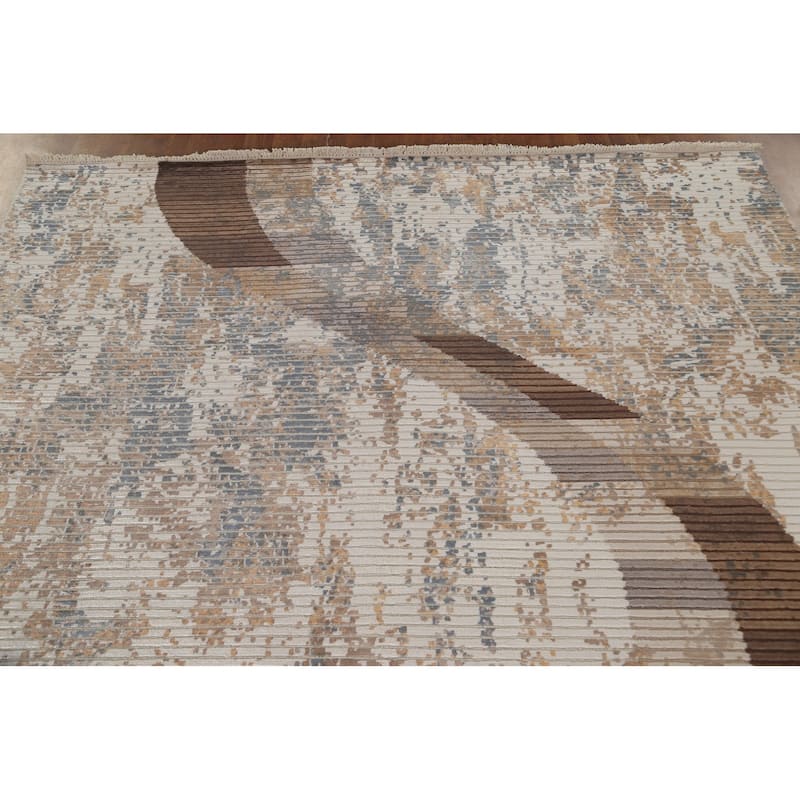 Striped Beige Abstract Oriental Area Rug Handmade Wool Carpet - 6'6"x 9'1"