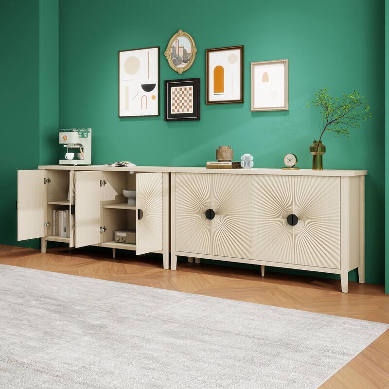 Roomfitters Modern 4 Door Sideboard, Buffet Cabinet with Carved Storage, Coffee Bar Cabinet with Adjustable Shelf, Natural