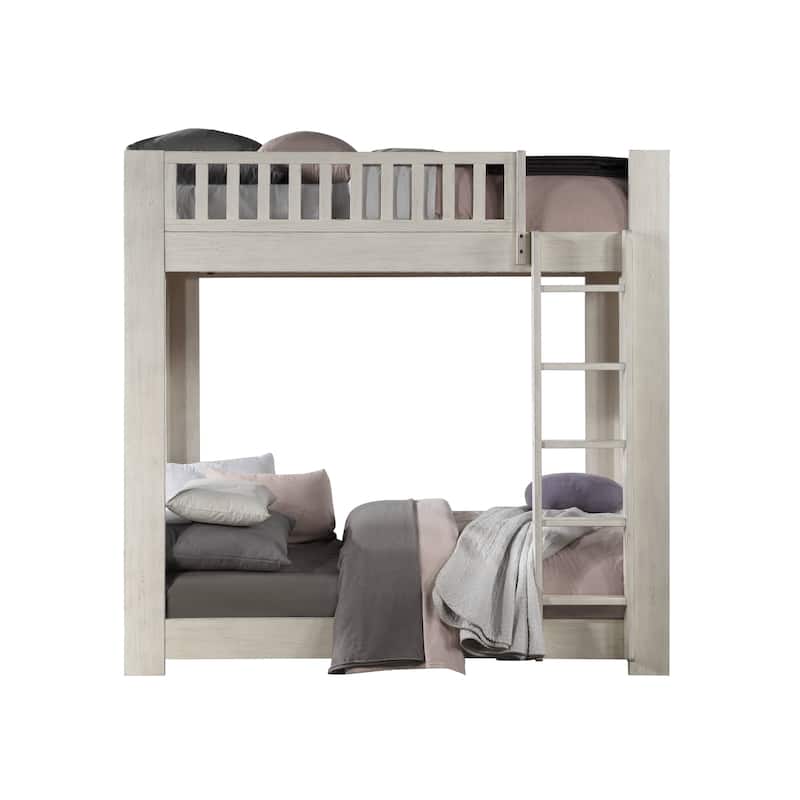 Weathered White Finish Twin/Twin Bunk Bed with Fixed Ladder