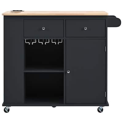 Kitchen Island with Power Outlet Kitchen Storage Island with Drop Leaf and Rubber Wood Open Storage and Wine Rack 5 Wheels