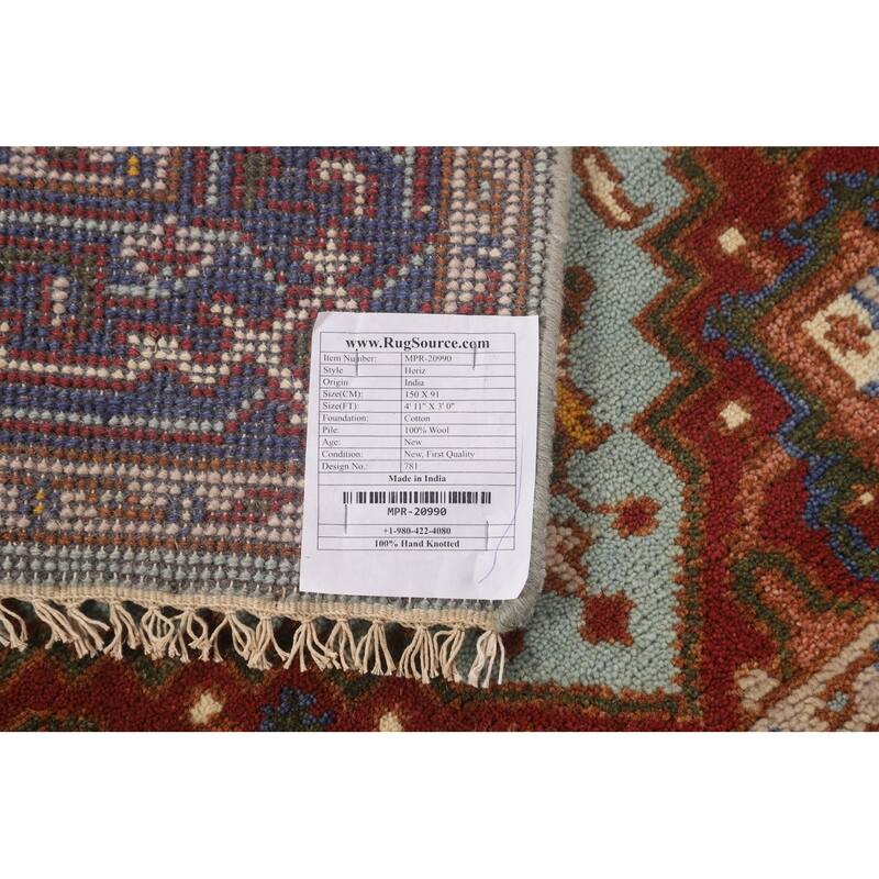 Turquoise Geometric Heriz Serapi Foyer Rug Hand-Knotted Wool Carpet - 3'0"x 4'11"