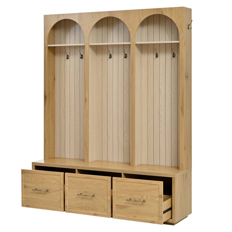 Farmhouse Hall Tree with 3 Drawers and 8 Hooks Oak Wood Bench and Coat Rack