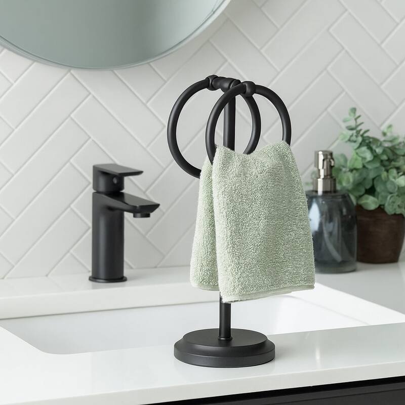 Matte Black Stainless Steel Double Ring Fingertip Towel Holder With Heavy Base - Matte Black