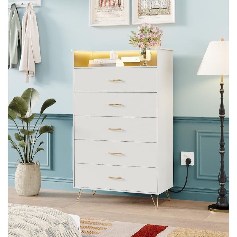 5-Drawer Dresser for Bedroom with Charging Station & RGB Lights - White