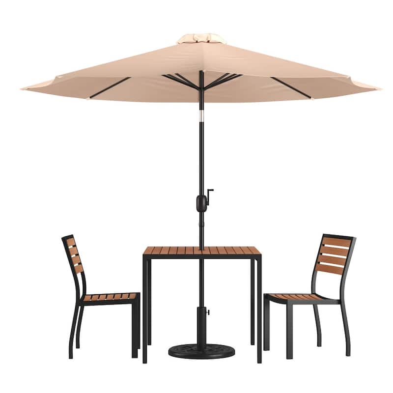 Faux Teak Patio Table, 2 Chairs & 9FT Patio Umbrella with Base