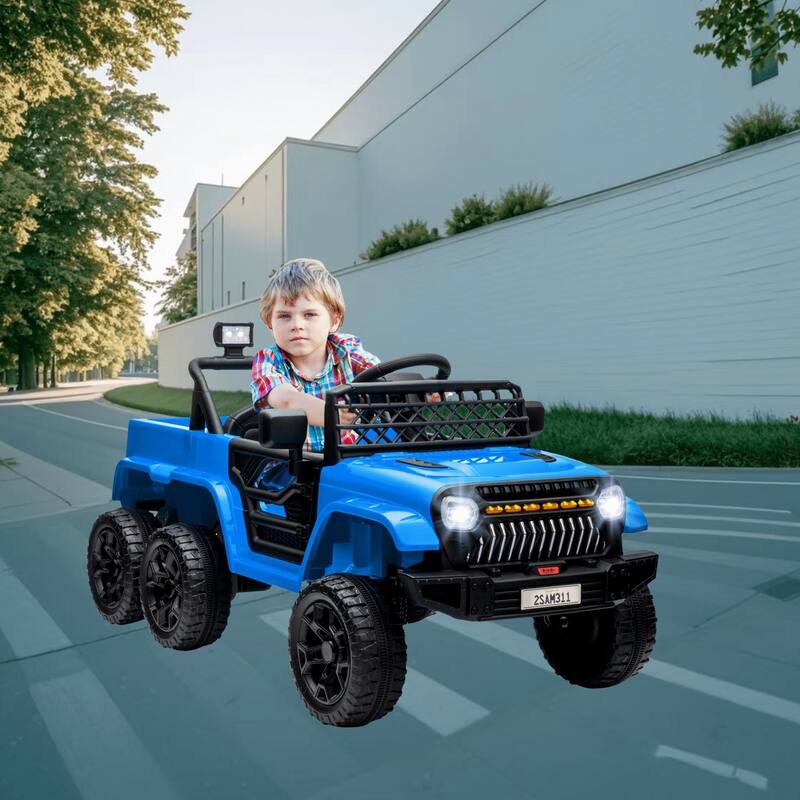 4WD Kids Electric Ride On Car with Back Trailer, Soft Start, Music, LED Light, and Parent Remote for Safe and Fun Adventure - Blue