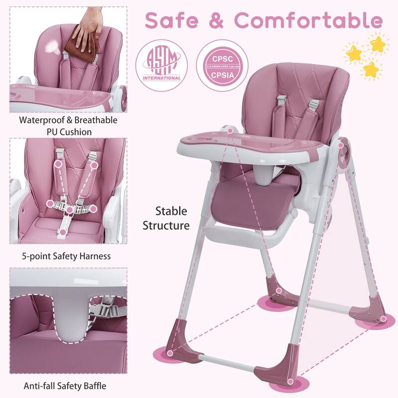Kids Foldable High Chair with Adjustable Height and Recline
