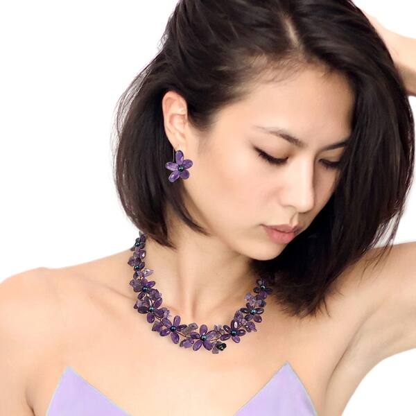 Cute Purple New Crystal Element Proper Daisy Flower Earring Necklace Set 