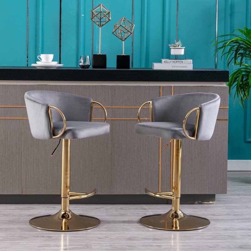 2 Velvet Bar Stools with Chrome Footrest and Base Swivel Height Adjustable - N/A