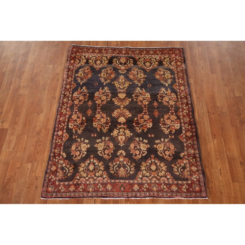 All-Over Floral Sarouk Persian Vintage Rug Hand-knotted Wool Carpet - 3'10"x 4'10"