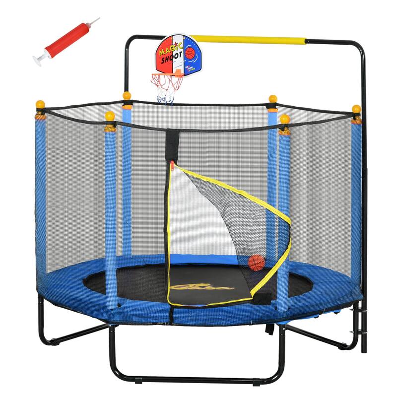 4.6' Kids Trampoline with Basketball Hoop Horizontal Bar 55" Indoor with Net Small Springfree for Ages 3-10 Blue