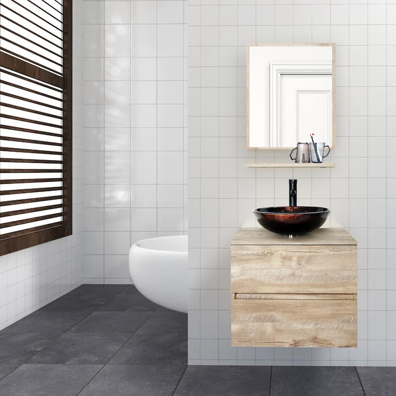 eclife 24" Wall Mounted Bathroom Vanity Ceramic Tempered Glass Sink Combo Natural 2 Drawers Cabinet Vanity Set - brown round sink
