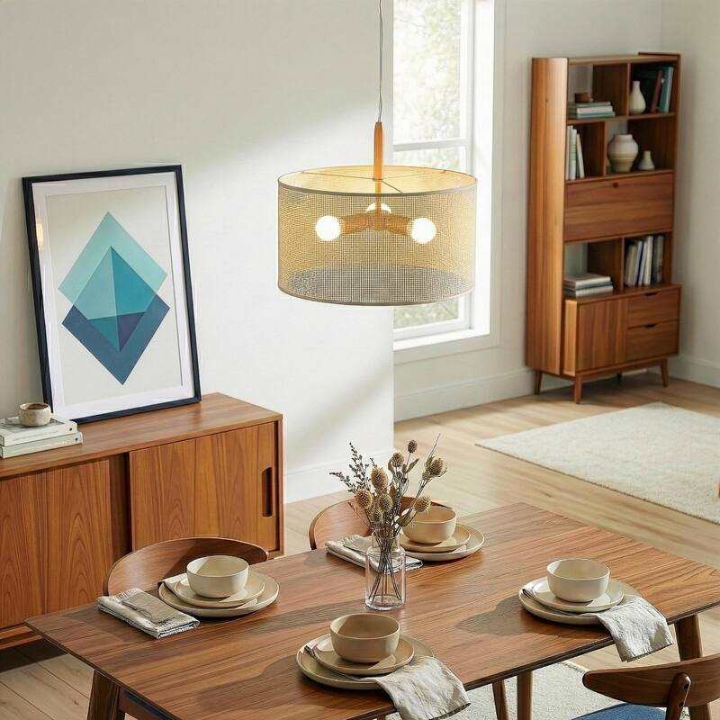 Choi Natural Woven Drum Pendant Light with Wooden Accents