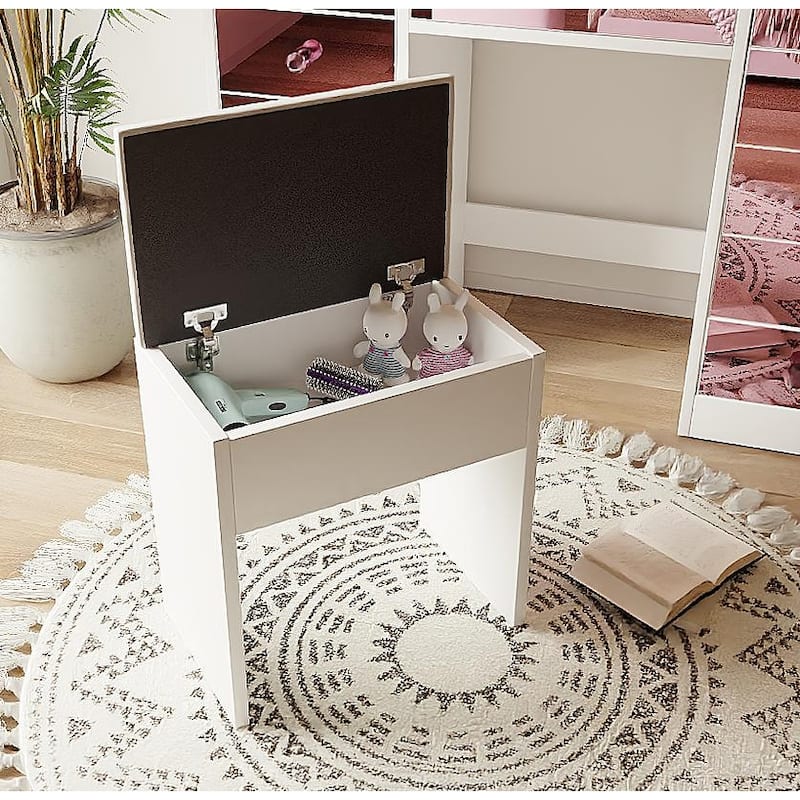 Makeup Vanity Desk with Mirror and Light, Vanity Table & Stool Set, Dressing Table with Pink Finish Drawers & Charging Station