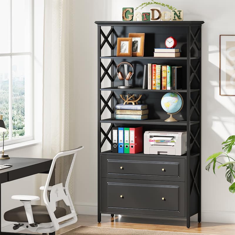 2 Drawer Black File Cabinet with Storage Shelves - Black+Dark Grey