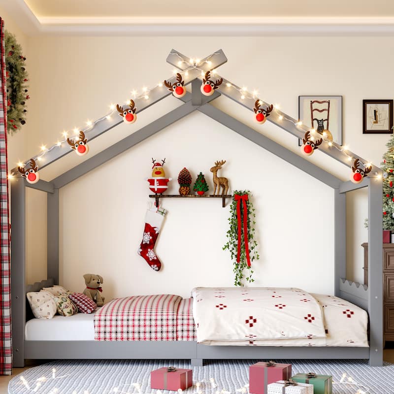 Roomfitters House Floor Bed with Support Slats, Solid Wood Open Frame Design - Grey - Twin