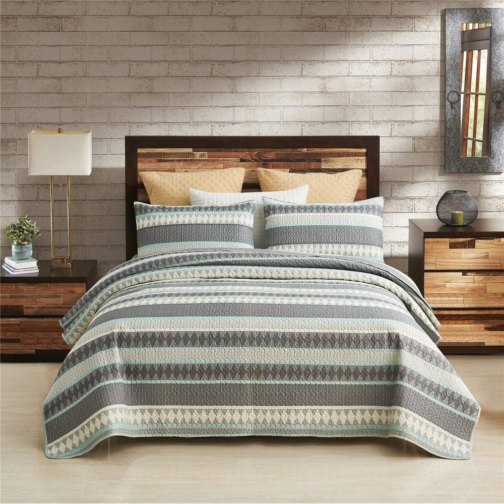 3-piece Striped Quilt Set Reversible Coverlets Bedding Set