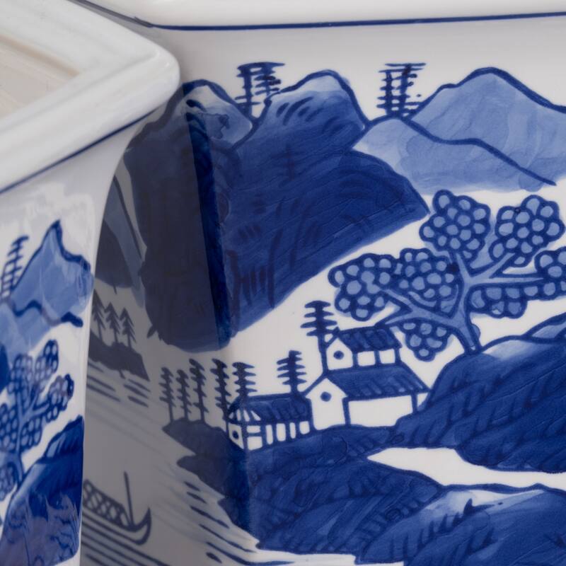Sagebrook Home's Ceramic Set of 2 Fluted Chinoiserie Planters, Exquisite Blue and White, Perfect for Home Decor - 8" x 8" x 6"