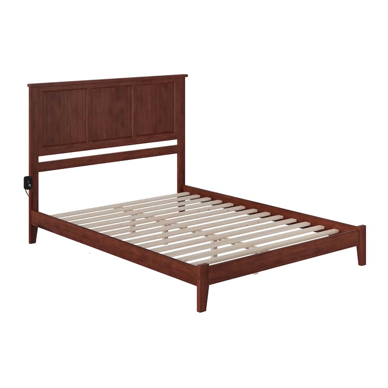 Low Profile Queen Bed - Urban Oasis Platform Bed with Charger - Solid Wood Frame - Walnut Finish