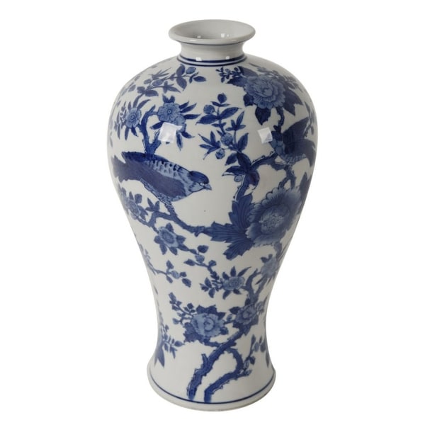 13" Blue and White Crafted Bird Floral Traditional Vase - N/A