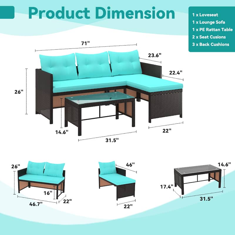 EROMMY 3-Piece Outdoor Patio Furniture Set, All-Weather PE Rattan Sofa Set with Glass Table & Cushions, Perfect for Balcony