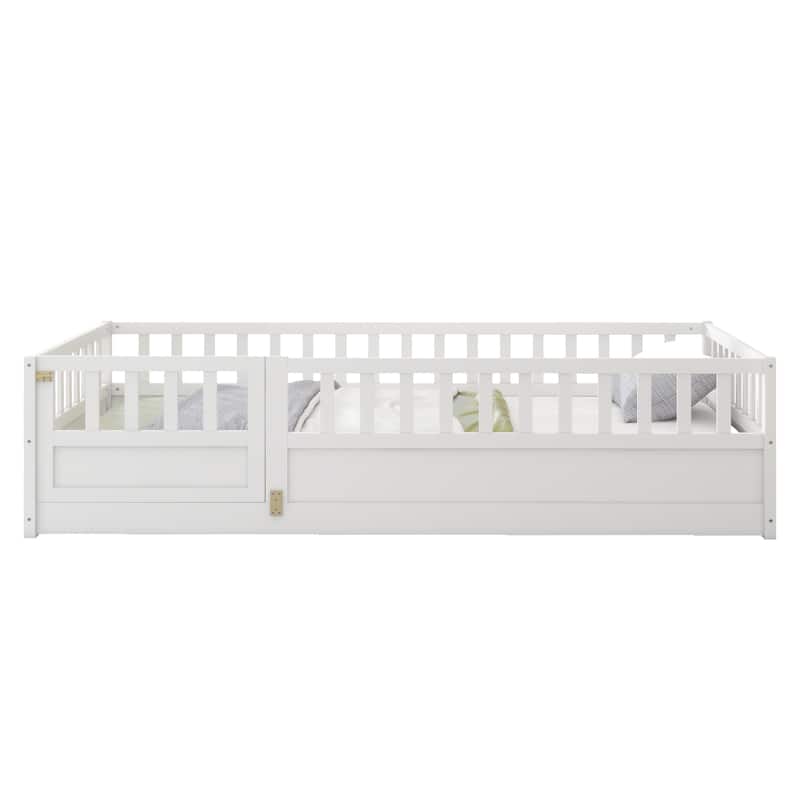 Children's Twin Floor Bed with High Fence, Pinewood French Bed, Safe Play Area, and Mattress Support
