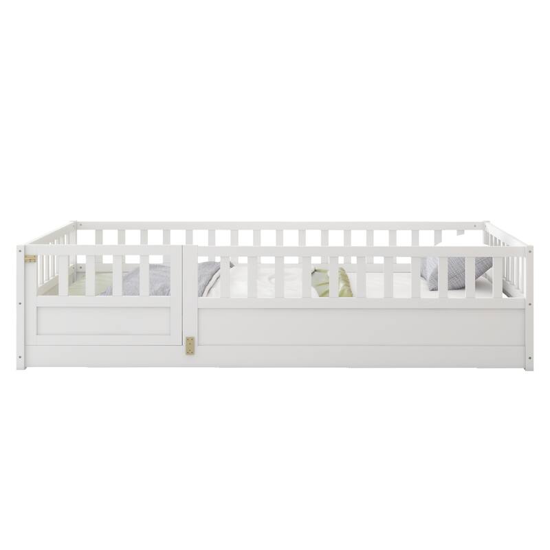 Twin Size Floor Bed Frame with High Security Fence, Pine Wooden Bed Frame, Safe and Stylish for Kids, Children Floor Bed