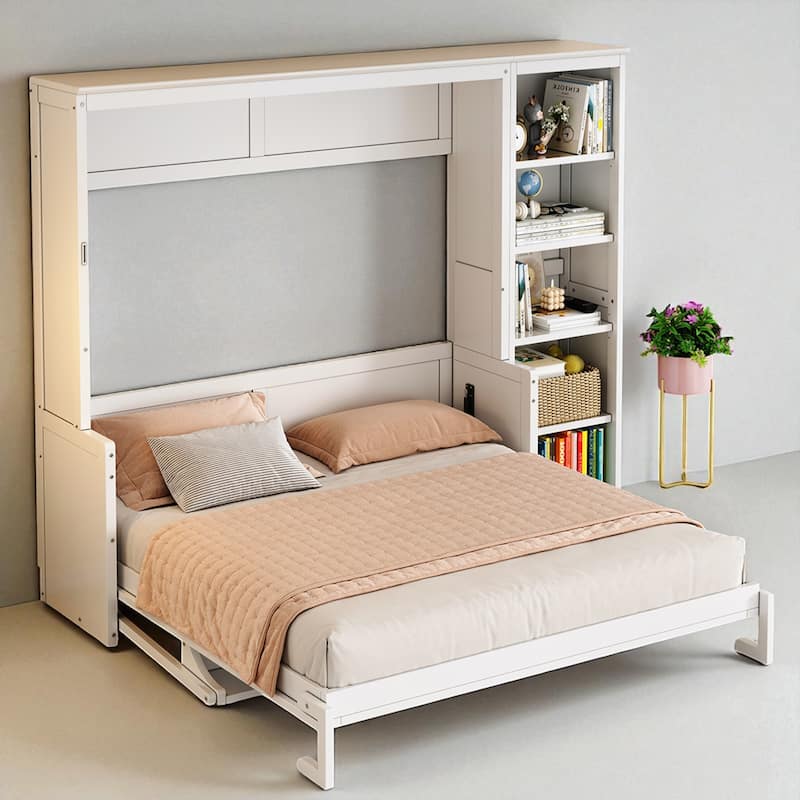 Full/Queen Murphy Bed with Foldable Desk and Storage Shelves, Wall Bed with Bookshelf and Cabinet Design
