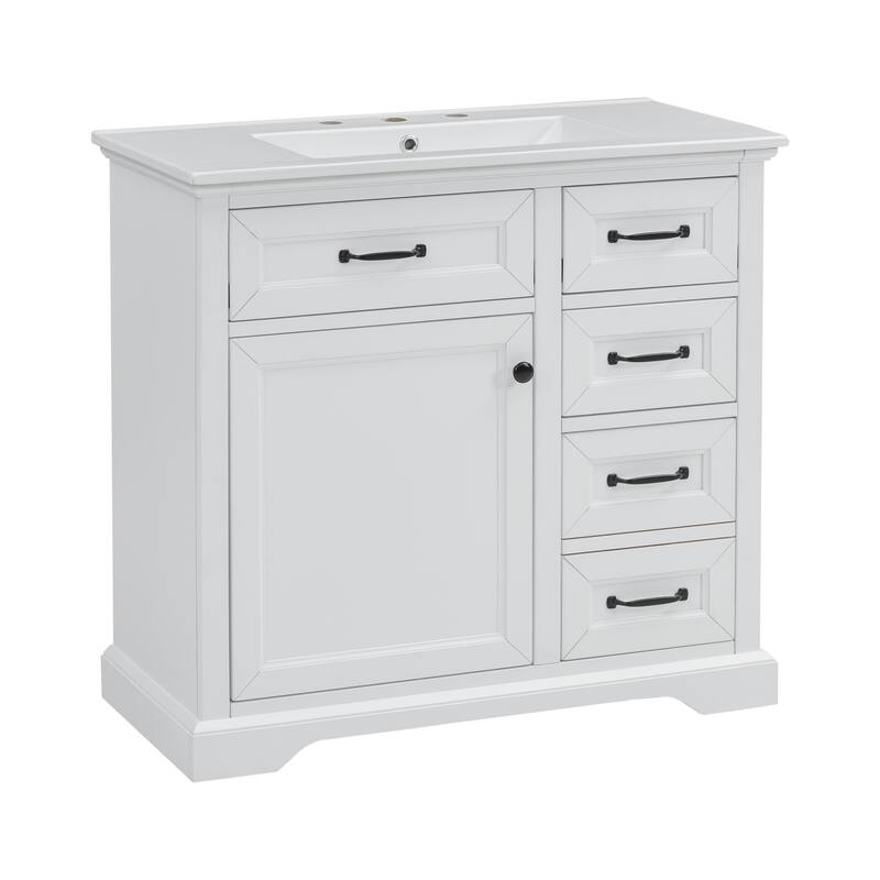 36'' Bathroom Vanity with Ceramic Sink, Solid Wood Frame Modern Storage Cabinet with Tip-Out Drawer & Soft Closing Doors