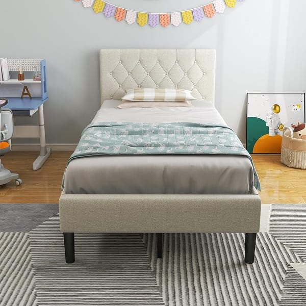 slide 2 of 7, Twin Bed Frames for Kids Upholstered Platform Bed w/ Tufted Headboard