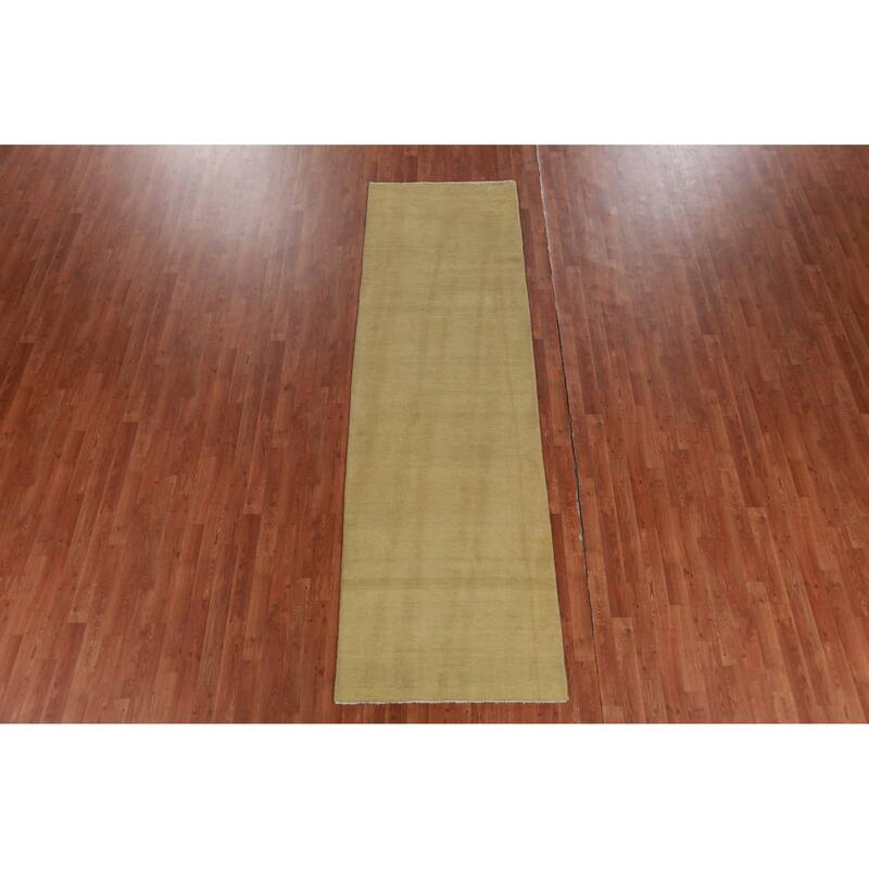Hand Knotted Oriental 100% Wool Carpet Modern Solid Yellow & Gold Gabbeh Runner Rug - 10' 0'' X 3' 0''
