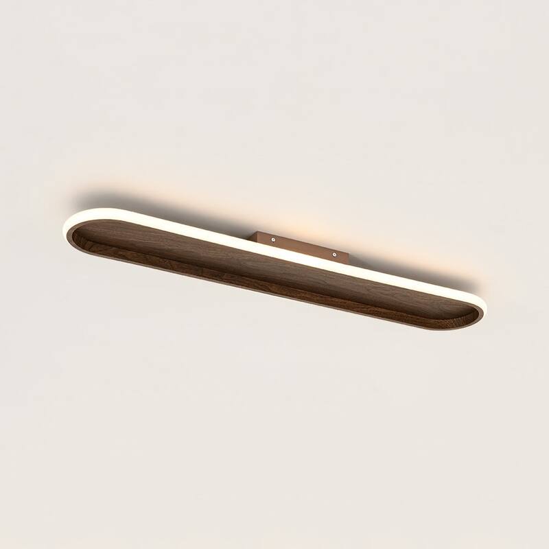 Minimalist Walnut Wood Linear Oval Dimmable LED Semi Flush Mount - 31.7 Inches