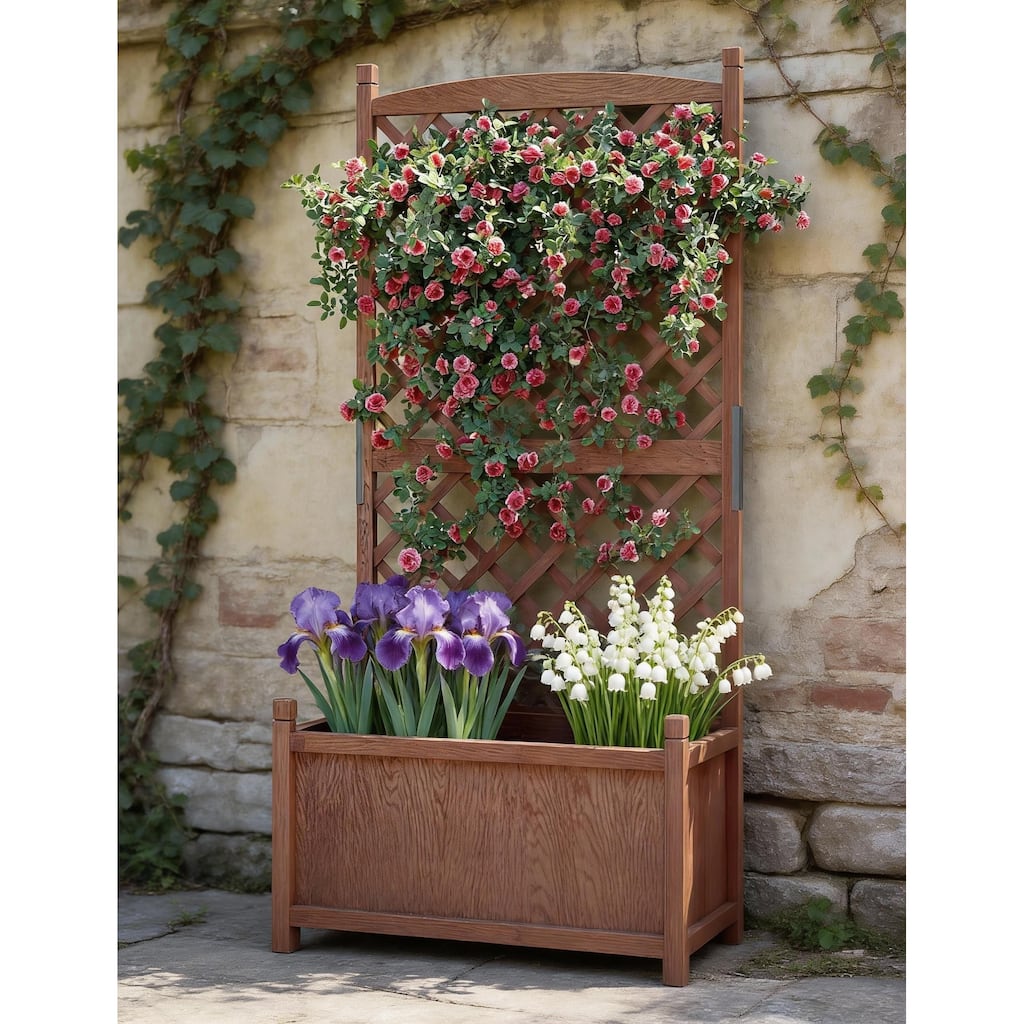 Wooden Planter Box, with Trellis, Locking Wheels and Drainage Holes