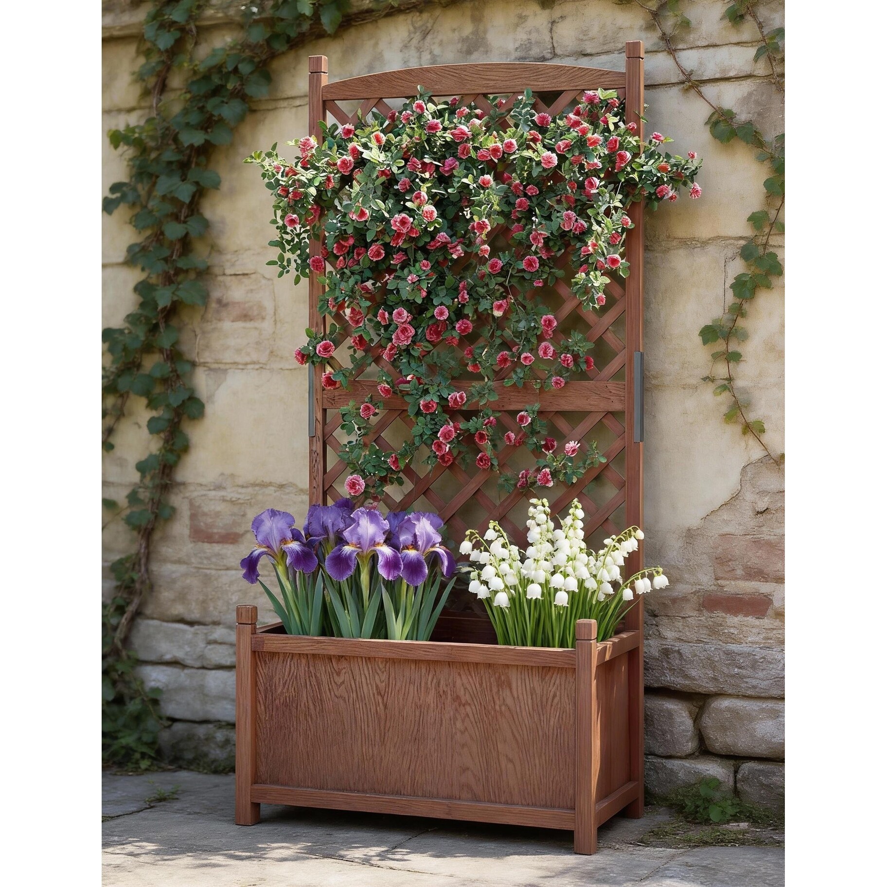 Wooden Planter Box, with Trellis, Locking Wheels and Drainage