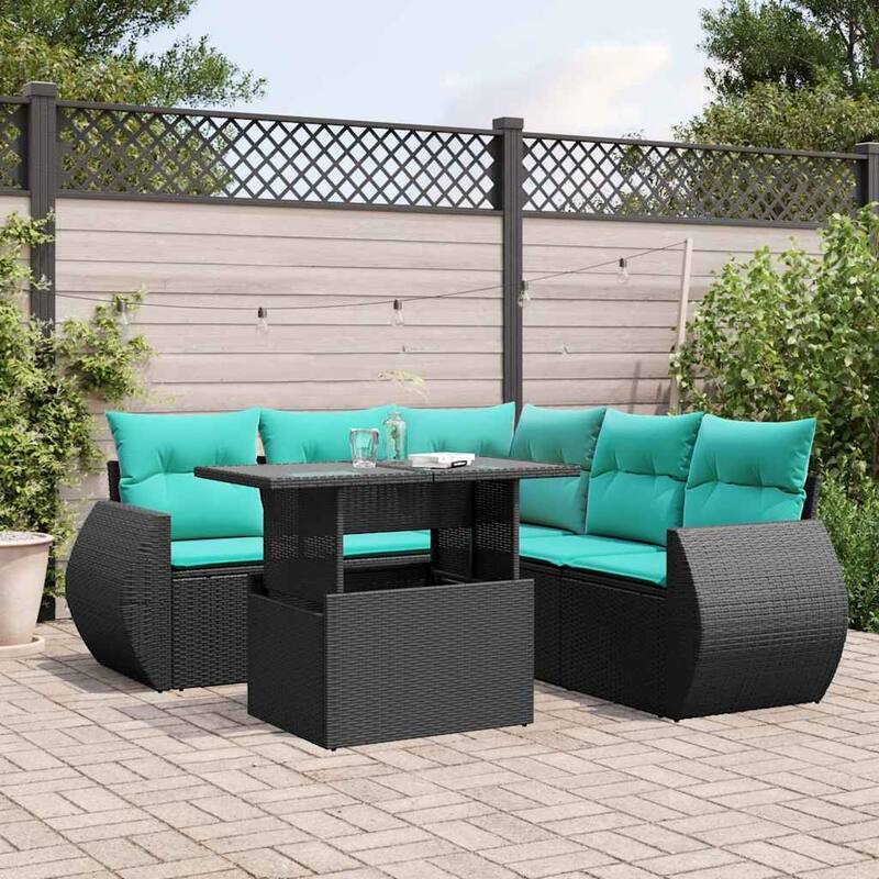 vidaXL Patio Sofa Set with Cushions and Table Outdoor 6 Piece Poly Rattan - 24.4 x 24.4 x 27.2 - Black