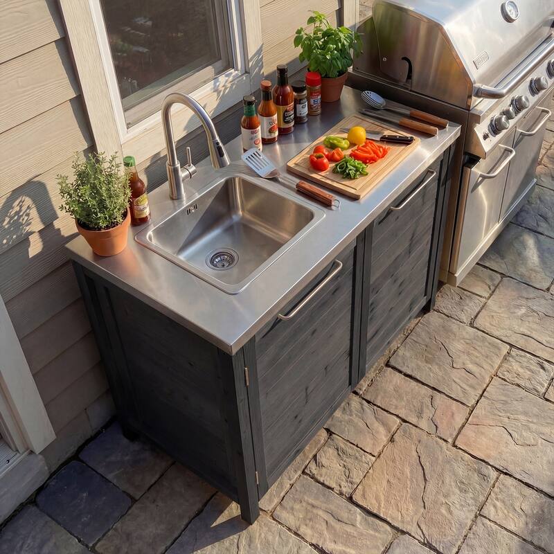 Modular Outdoor Kitchen Island Set, 100% Solid Wood BBQ Cabinet , Patio Kitchen Bar Table