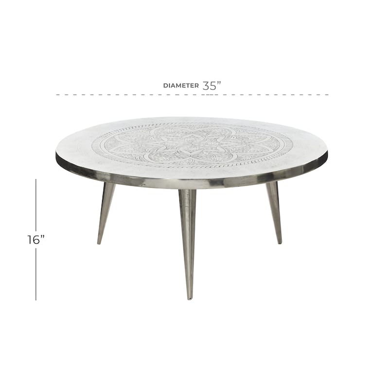 Aluminum Metal Floral Engraved Coffee Table with Tripod Legs - Silver - Roche River Decor - 35"Wx35"Lx16"H