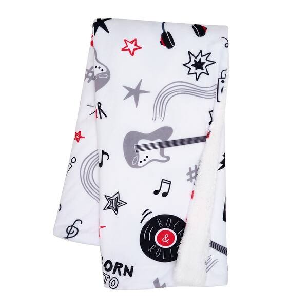 slide 2 of 7, Lambs & Ivy Rock Star Musical Instruments White Soft Minky/Faux Shearling Baby Blanket