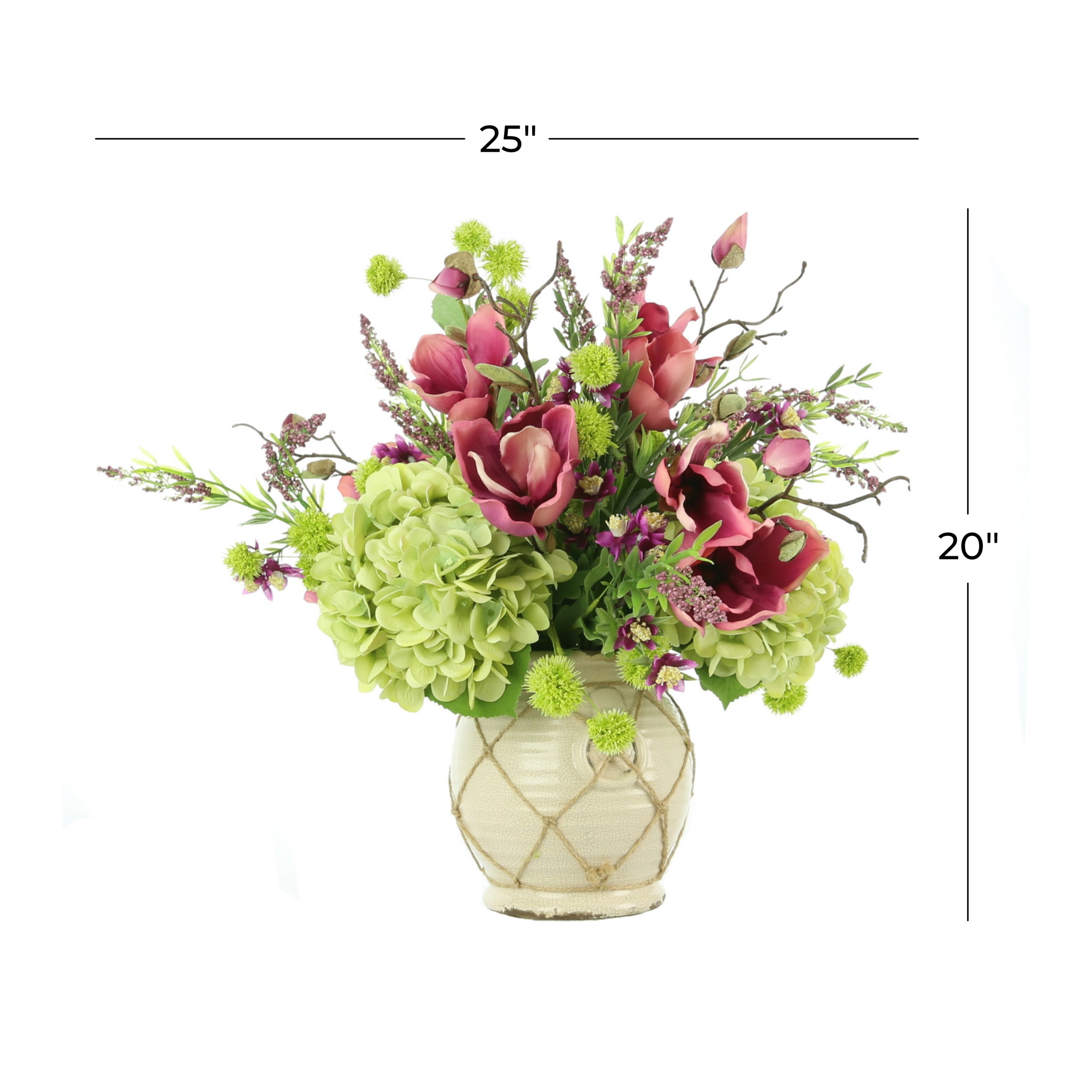 Mixed Flower Arrangement In A Ceramic Vase W Green Snowballs Hydrangea Mauve Magnolias And Magenta Heather 25 L X 20 H Overstock 32044031