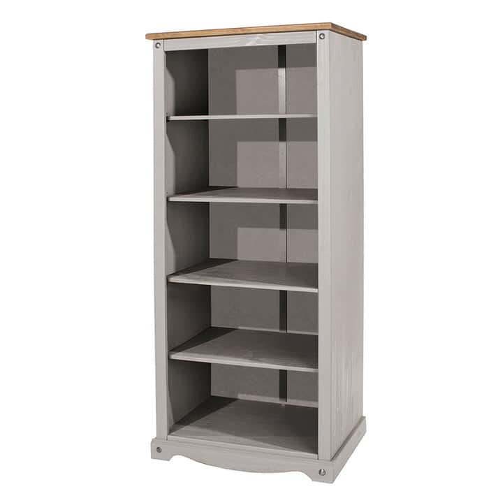 Wood Bookcase 5 Shelf Corona Collection | Furniture Dash - Gray wash stain, top in antique brown stain.