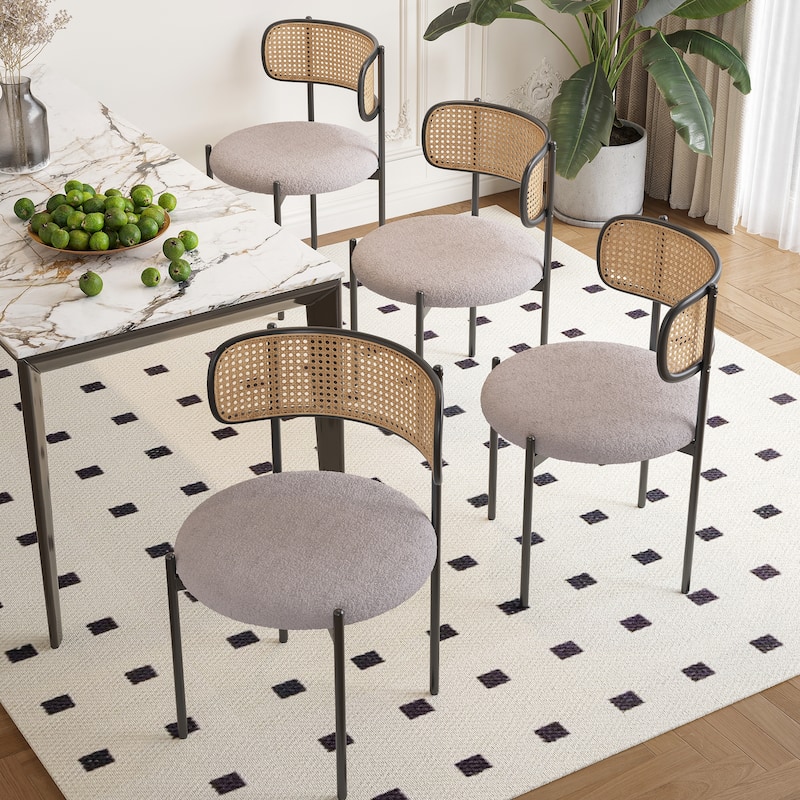Modern Upholstered Dining Chairs Set of 4,Rattan Back Dining Room Chairs,Accent Kitchen Chairs with Metal Legs