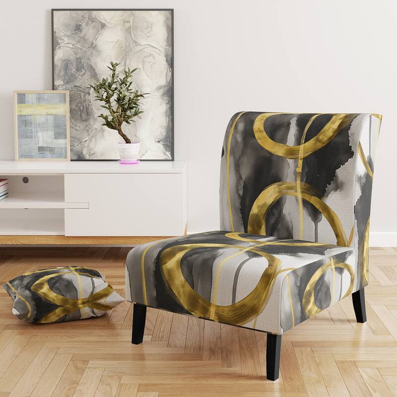 Designart "Mettalic Indigo And Gold II" Upholstered Abstract Accent Chair - Glam Arm Chair For Living Room - Slipper Chair - Gold & Grey