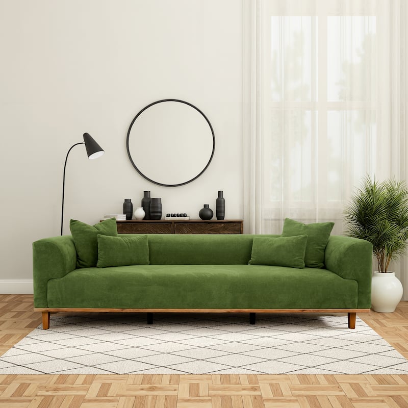 Zalma Three-Seater Velvet Sofa with Loose Pillows and Solid Wood Legs