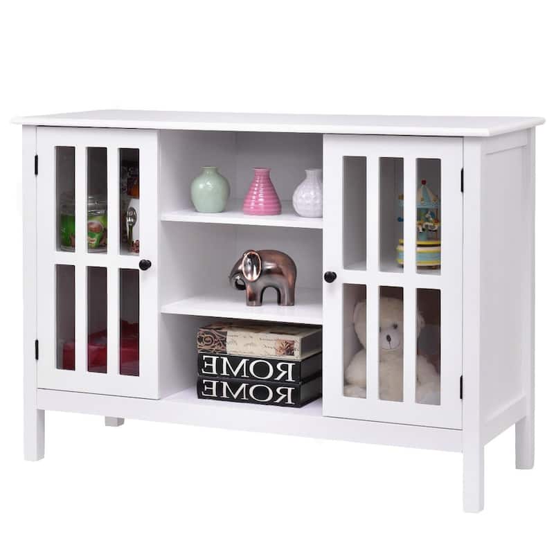 Modern White Sofa Table with Tempered Glass Doors and Ample Storage - 43"W x 16"D x 30"H