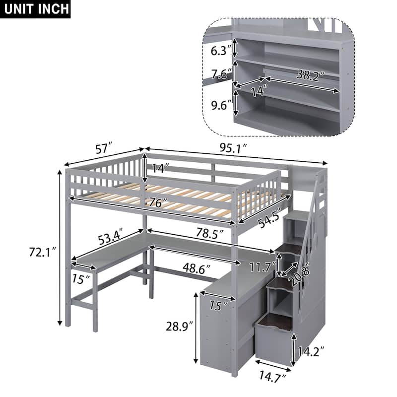 Full Size Loft Bed with Built-in L-Shaped Desk and Three-Tier Storage Shelves,and Attached Storage Staircase, White - N/A