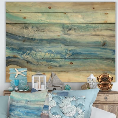 Designart 'Ocean Mineral Waves' Nautical & Coastal Print on Natural Pine Wood - Blue