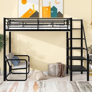 Twin Loft Bed with Bench, Storage Stairs, and Metal Frame
