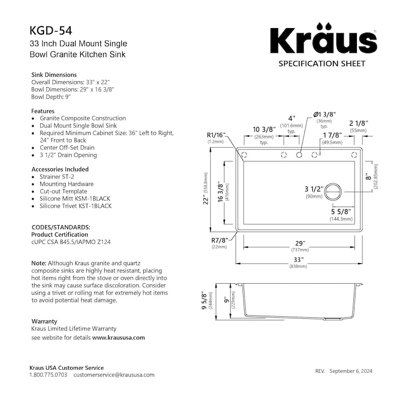 KRAUS Forteza Granite 33 inch Undermount Drop-in Kitchen Sink