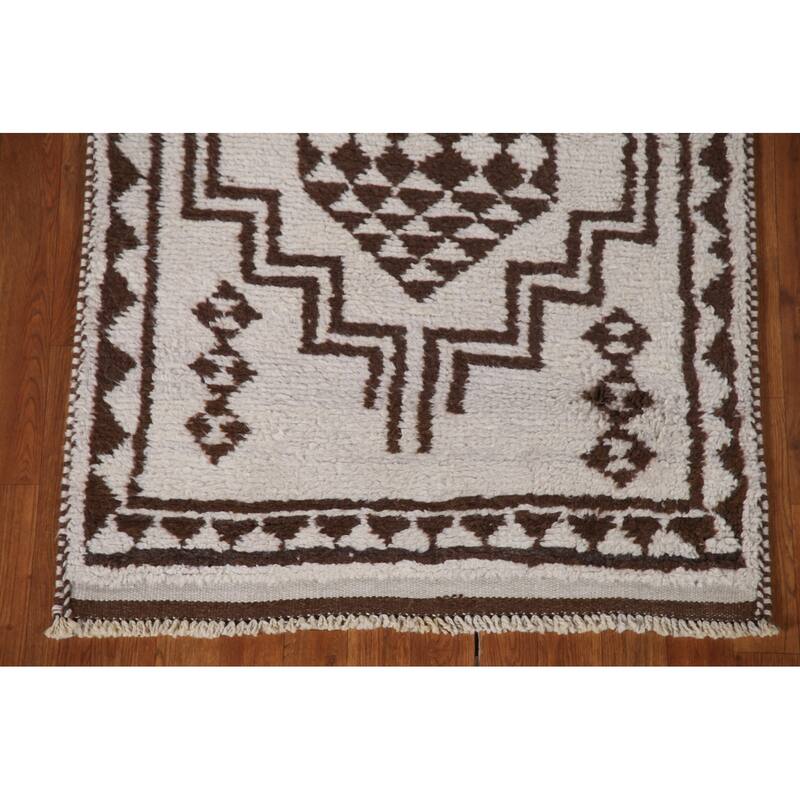 Geometric Anatolian Turkish Runner Rug Handmade Beige Wool Carpet - 3'1"x 11'6"