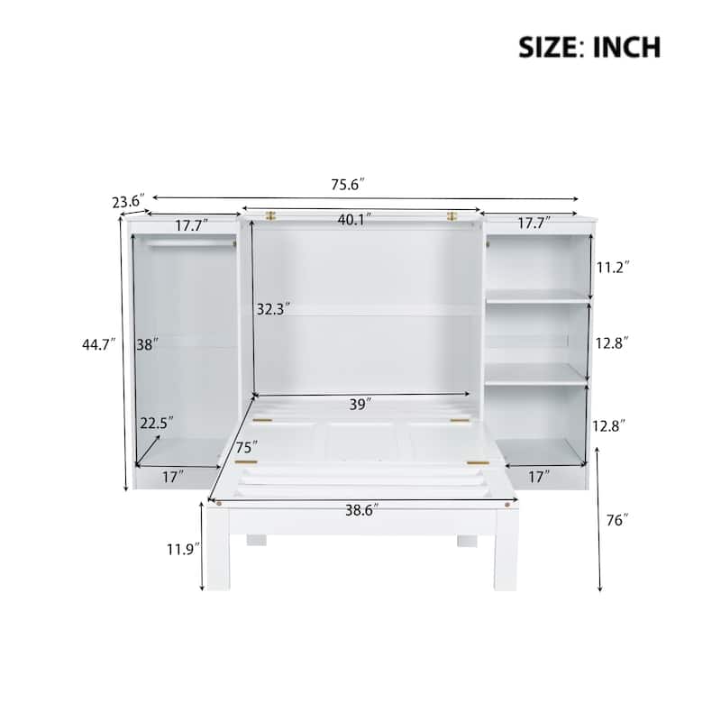 Twin Size Murphy Bed with Bedside Shelves and Wardrobe, White